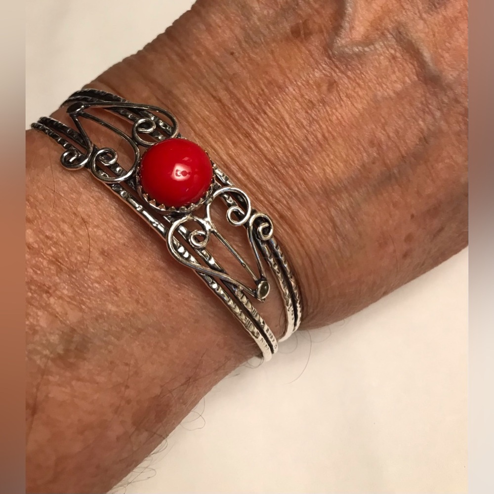 Red Coral Stamped 925 Sterling Silver Cuff Bracelet